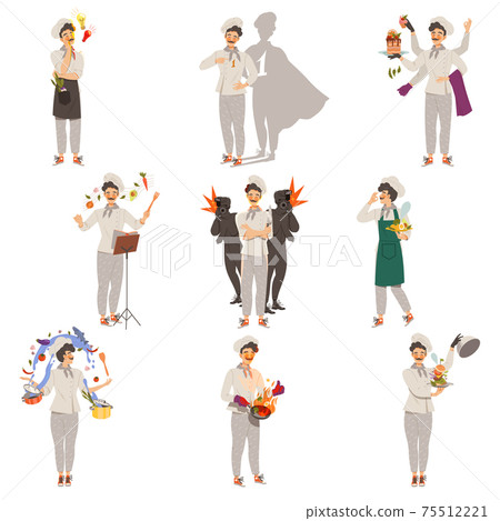 Young Man and Woman Chef Master Cooking Food and Preparing Dishes of Haute Cuisine Vector Illustration Set Young Man and Woman Chef Master Cooking Food and Preparing Dishes of Haute Cuisine Vector Illustration Set 75512221