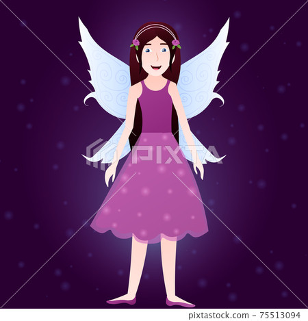Magical fairy creature on dark violet background with beautiful wings shining, children fantasy book character 75513094