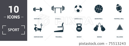 Sport Equipment icons set collection. Includes simple elements such as Biceps, Exercise Bike, Treadmill, Weight, Boxing, and For Sale premium icons Sport Equipment icons set collection. Includes simple elements such as Biceps, Exercise Bike, Treadmill, Weight, Boxing, and For Sale premium icons 75513243