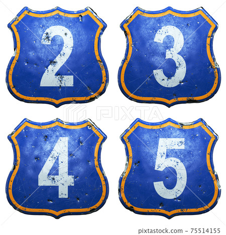 Set of Public road signs in blue and orange color with a white numbers 2, 3, 4, 5 in the center isolated white background. 3d Set of Public road signs in blue and orange color with a white numbers 2, 3, 4, 5 in the center isolated white background. 3d 75514155