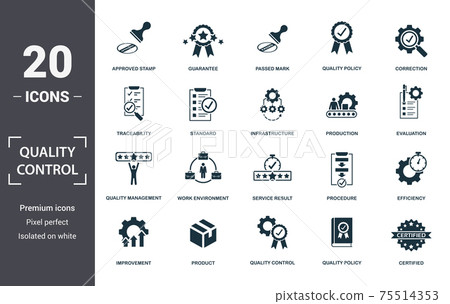 Quality Control icon set. Contain filled flat correction, efficiency, infrastructure, quality policy, traceability, production, guarantee icons. Editable format 75514353