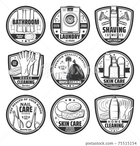 Washing, hygiene and home cleaning retro icons 75515154