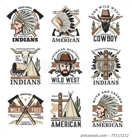 Wild West isolated vector icons set, vintage signs 75515212