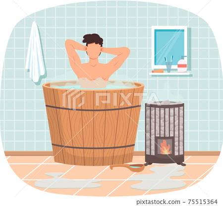 Bathhouse or banya at home interior design. Guy in barrel resting in sauna. Man in hot steam 75515364