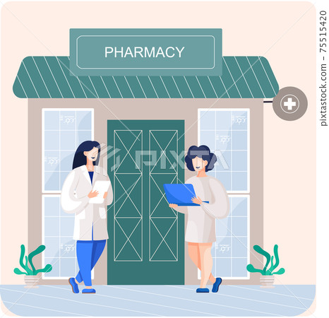 Facade pharmacy store with signboard, awning and symbol in shopwindow. Pharmacists women at entrance 75515420