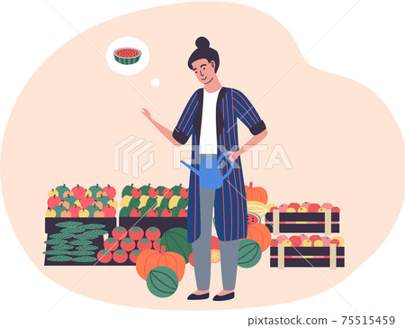 Woman farmer stands near wooden boxes with vegetables. Agricultural worker, autumn harvest Woman farmer stands near wooden boxes with vegetables. Agricultural worker, autumn harvest 75515459