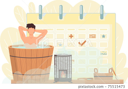 Young man sitting in tub. Guy in barrel is resting on background of calendar or schedule with signs 75515473