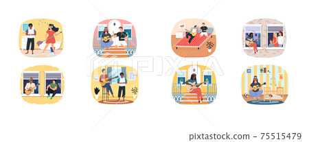 Set of illustrations about cartoon characters work with musical instruments. Guitar playing concept Set of illustrations about cartoon characters work with musical instruments. Guitar playing concept 75515479