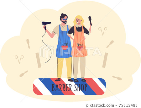Professional male and female barber characters, smiling hairdressers stand together with accessories Professional male and female barber characters, smiling hairdressers stand together with accessories 75515483