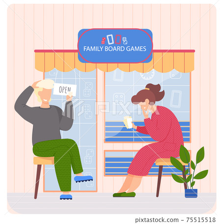 Family board games shop, awning with entertaining gaming, people sitting near store playing cards 75515518