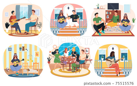 Set of illustrations about guitarists playing melody on musical instrument and performing 75515576