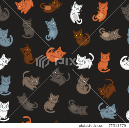 Cute Cartoon Cat Seamless Pattern on Dark... - Stock Illustration ...
