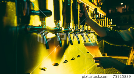 Young woman barman pouring a cold lager beer from tap to glass in neon light. Young woman barman pouring a cold lager beer from tap to glass in neon light. 75515889