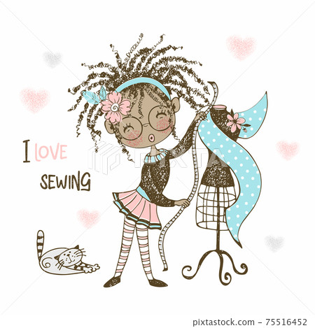 A good black girl with dreadlocks dressmaker will try on the fabric on a mannequin. Vector 75516452