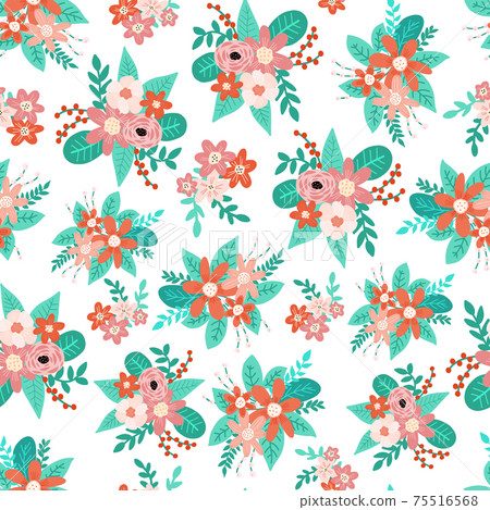 Seamless vector pattern flowers red pink teal turquoise. Scandinavian flower bouquets on a white Seamless vector pattern flowers red pink teal turquoise. Scandinavian flower bouquets on a white 75516568