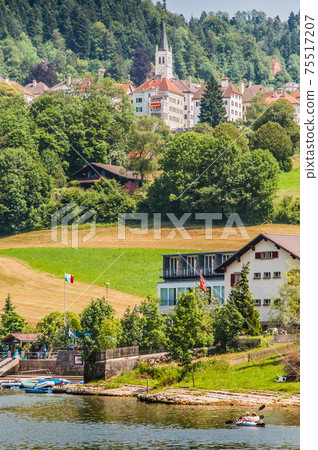 Villers le Lac on the banks of the Doubs and the Doubs waterfalls in France 75517207