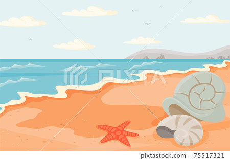 Water covers sandy beach with starfish and seashells. Seascape with salty water on seashore Water covers sandy beach with starfish and seashells. Seascape with salty water on seashore 75517321