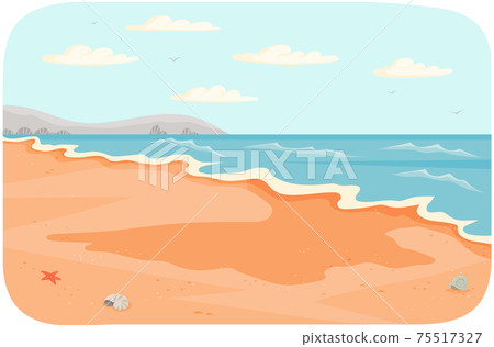 Water covers sandy beach with waves. Light breeze at high tide on ocean vector illustration Water covers sandy beach with waves. Light breeze at high tide on ocean vector illustration 75517327