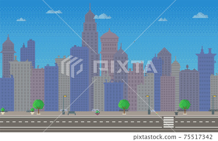 City downtown landscape with skyscraper silhouettes. Low-rise buildings on background of sky City downtown landscape with skyscraper silhouettes. Low-rise buildings on background of sky 75517342