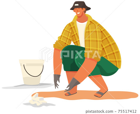 Character throwing trash and paper waste into bucket. Volunteer man is cleaning sand on beach 75517412