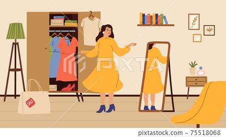 Girl tries dress. Woman shopping, female at home in new clothes. Trendy stylish character look at mirror, living room interior vector illustration Girl tries dress. Woman shopping, female at home in new clothes. Trendy stylish character look at mirror, living room interior vector illustration 75518068