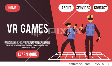 Vector landing page template with guys playing in video reality games. Vector landing page template with guys playing in video reality games. 75518907