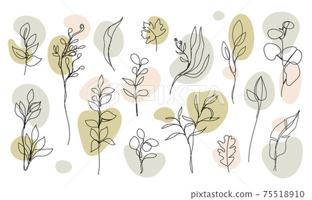 Vector set of hand drawn, single continuous line leaves, branches, plants. Art floral elements. Use for t-shirt prints, logos, cosmetics and beauty design Vector set of hand drawn, single continuous line leaves, branches, plants. Art floral elements. Use for t-shirt prints, logos, cosmetics and beauty design 75518910