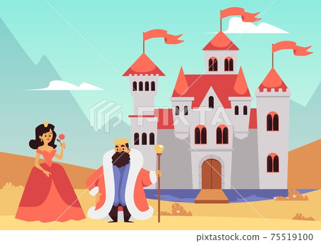 King and queen outside medieval castle - cartoon fairytale characters King and queen outside medieval castle - cartoon fairytale characters 75519100