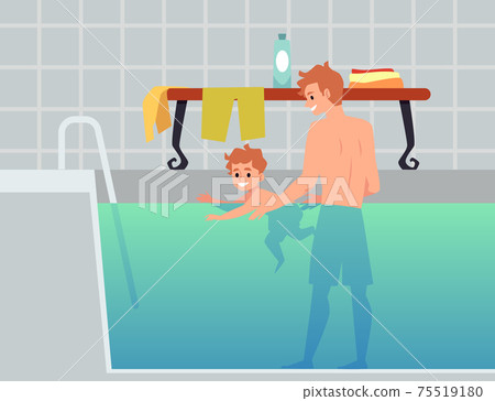 Father and child in swimming pool learning to swim, flat vector illustration. 75519180