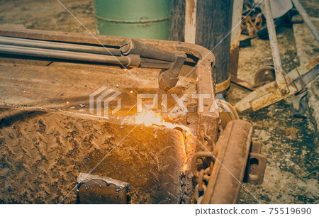 Right View of Car Body Part Removal by Oxygen Acetylene Cutting Torch in Vintage Tone 75519690
