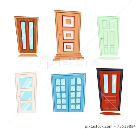 Set of different doors in cartoon style. Doors with or without glass. 75519884