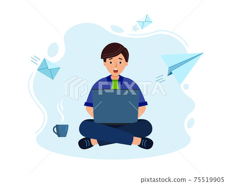 Man work on laptop in office. Studying distantly from home in coronavirus. 75519905