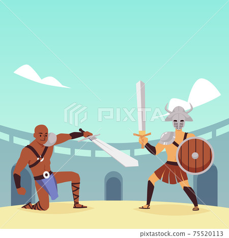 Vector illustration of fight armed legionnaires, gladiators or spartan warriors Vector illustration of fight armed legionnaires, gladiators or spartan warriors 75520113
