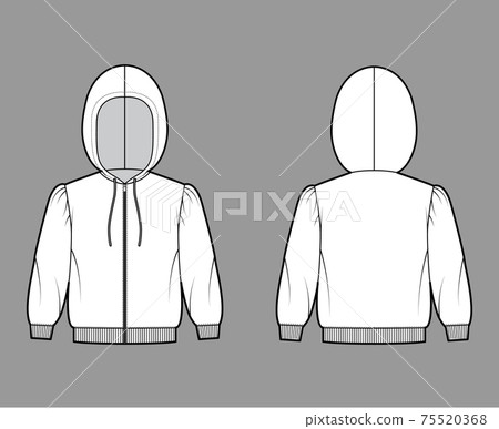 Zip-up Hoody sweatshirt technical fashion illustration with elbow sleeves, relax body, knit cuff, banded hem, drawstring 75520368