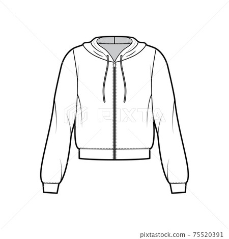 Zip-up Hoody sweatshirt technical fashion illustration with long sleeves, relax body, banded hem, cuff, drawstring 75520391