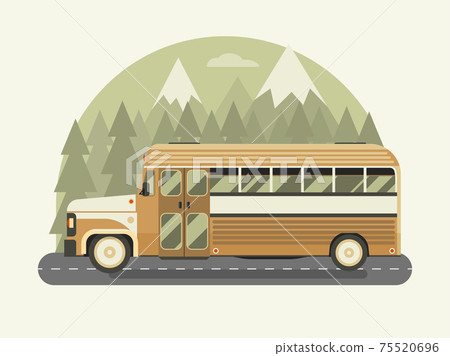 Vintage Bus Travel on Highway in Flat Vintage Bus Travel on Highway in Flat 75520696
