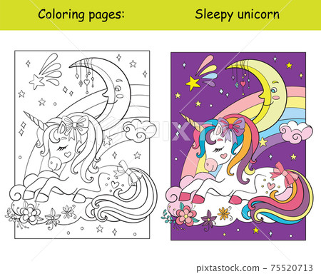 Cute sleepy unicorn lying on cloud coloring vector and template Cute sleepy unicorn lying on cloud coloring vector and template 75520713