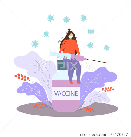 The girl sits on an ampoule with a vaccine with a syringe. 75520727