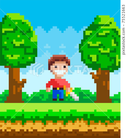 Vector pixel-game character. Pixelated man with steel sword in nature landscape forest background Vector pixel-game character. Pixelated man with steel sword in nature landscape forest background 75521663