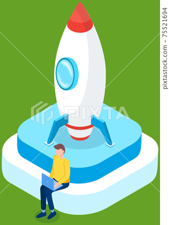 Businessman works with laptop launches rocket up into sky. Project start up and development process Businessman works with laptop launches rocket up into sky. Project start up and development process 75521694