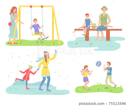 Family outdoor activities, mother, kid on swing, father fishing with son, mom with daughter skating Family outdoor activities, mother, kid on swing, father fishing with son, mom with daughter skating 75521696