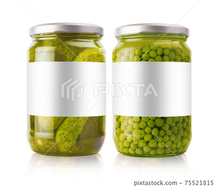 large pickled cucumbers and pea jars with white labels on white background 75521815