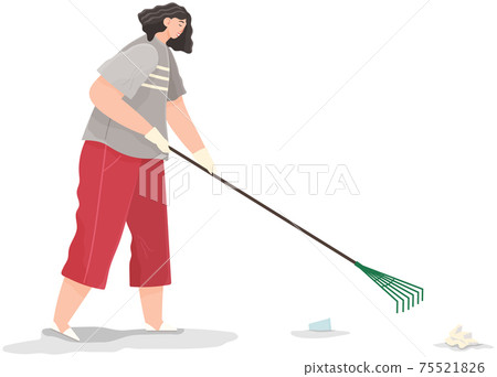 Cartoon character is removing plastic and paper with rake. Girl collect garbage and waste 75521826