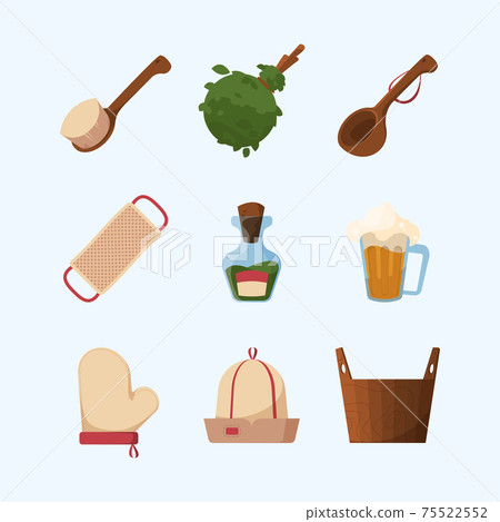 Sauna items. Spa relax tools for bathing baden bath wooden bucket towel garish vector flat pictures collection Sauna items. Spa relax tools for bathing baden bath wooden bucket towel garish vector flat pictures collection 75522552