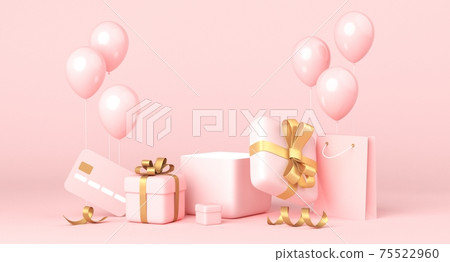 Pink background, golden gift boxes and balloons, blank space. 3d rendering Pink background, golden gift boxes and balloons, blank space. 3d rendering 75522960