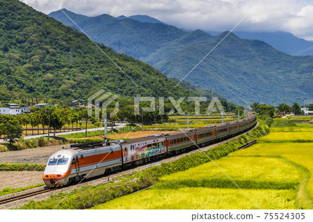 the train passes through the countryside of Taitung, Taiwan 75524305