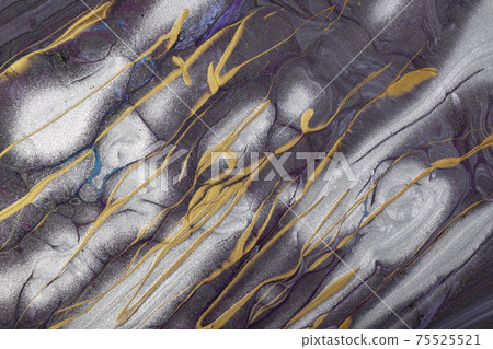 Abstract fluid art background dark gray and silver colors. Liquid marble. Acrylic painting on canvas with golden lines. 75525521