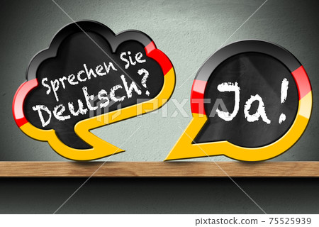 Sprechen Sie Deutsch and Ja - Two Speech Bubbles on Wooden Shelf 75525939