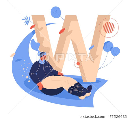 Capital letter W and woman riding wok racing. Winter fun activity and concept illustration for adults and kids Capital letter W and woman riding wok racing. Winter fun activity and concept illustration for adults and kids 75526683