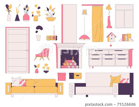 Pink and yellow furniture collection for home room interior. Greenery and flowerpots, sofa and door isolated on white, drawn with outline Pink and yellow furniture collection for home room interior. Greenery and flowerpots, sofa and door isolated on white, drawn with outline 75526686
